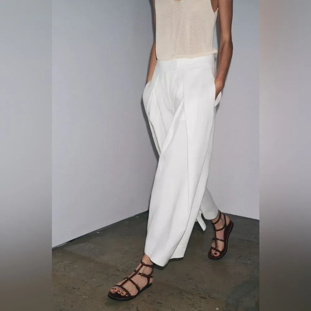 ZARA ZW COLLECTION LINEN VOLUME PLEATED PANTS
